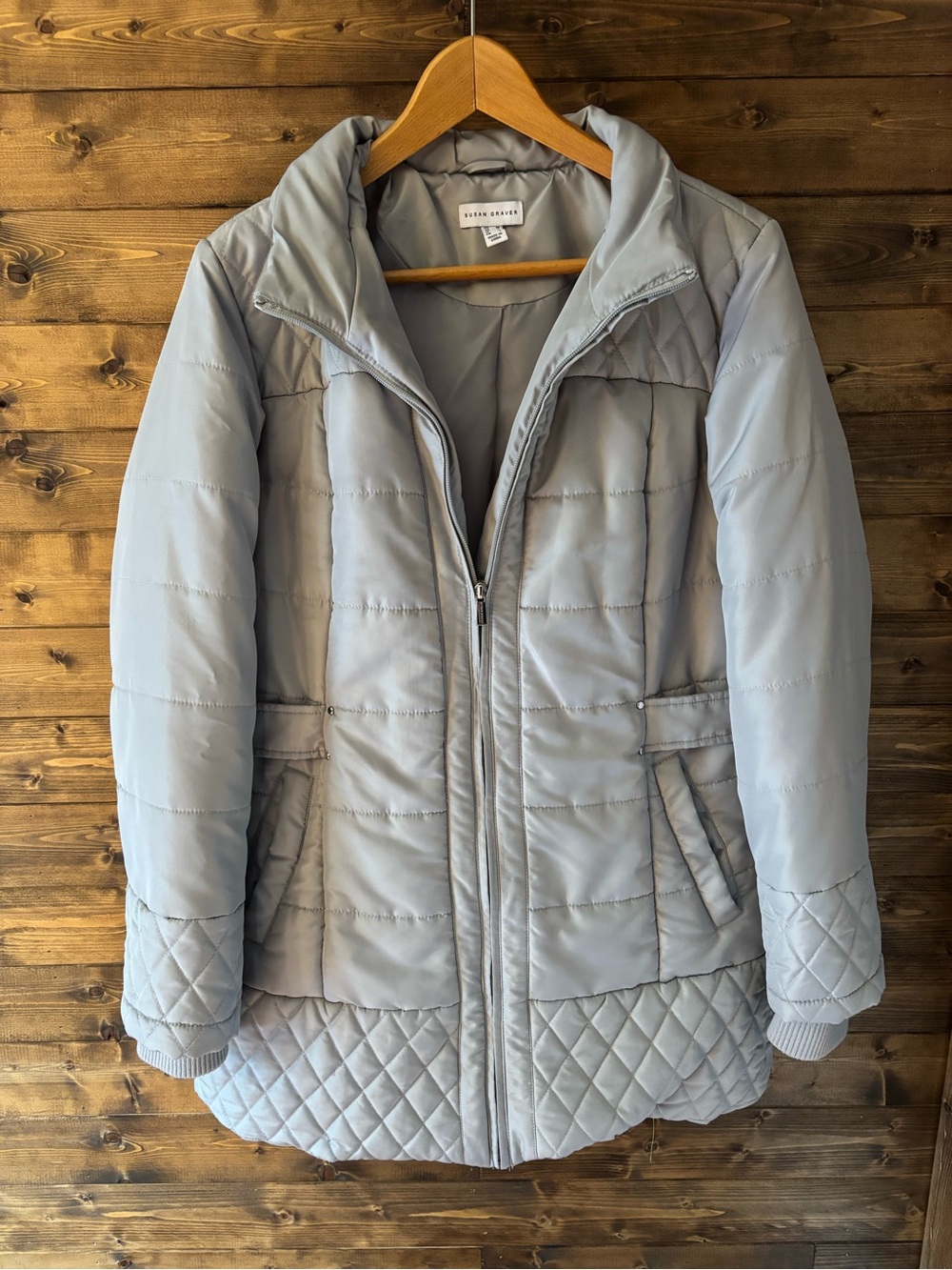 Susan Graver Water Resistant Quilted Puffer Coat, Gray, Size Medium, Like New